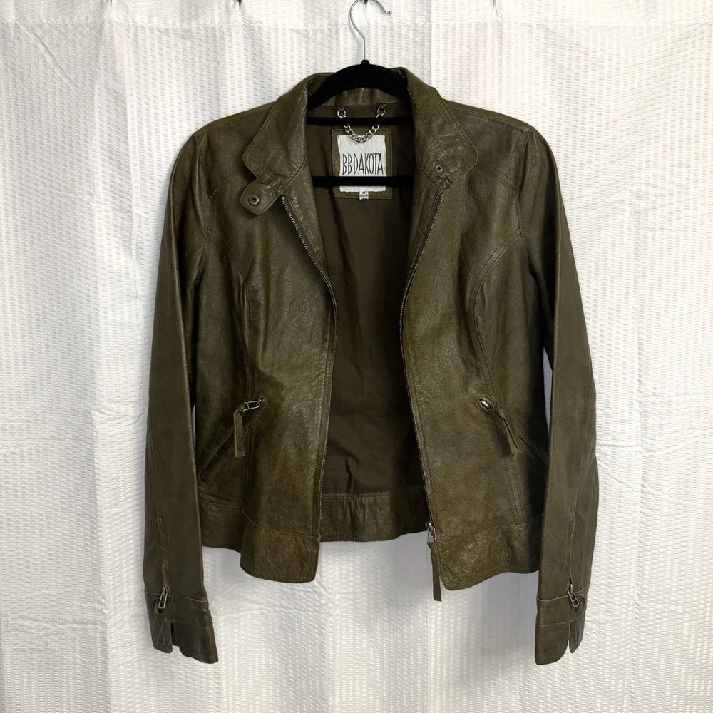 $275 BB Dakota Womens Size M LEATHER Olive Green Coat Jacket Nordstrom Zip up
